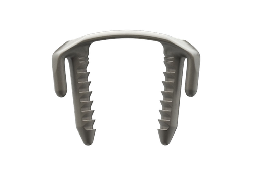 A stainless steel surgical clip with pointed ends and toothed interior for securing tissue or vessels during medical procedures.