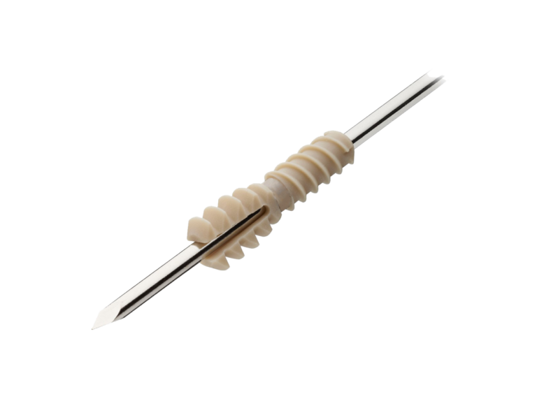 Close-up of a Treace medical implant, featuring a threaded bone screw or fastener component mounted on a metal insertion pin.