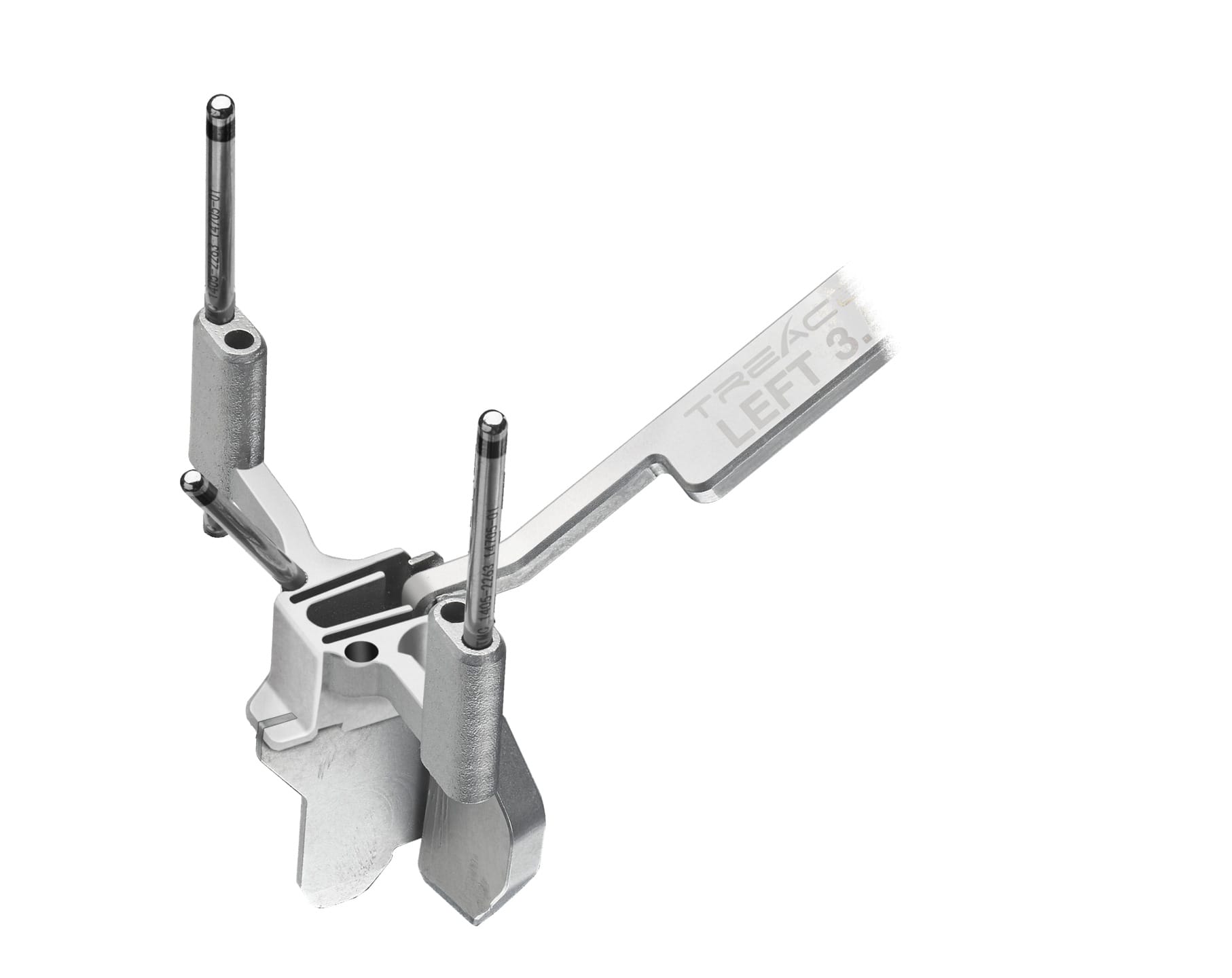 Mechanical aircraft part with three extending metal rods and labeled lever on a white background.