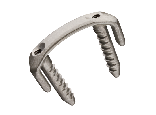 surgical spinal implant with curved bridge and two threaded screws