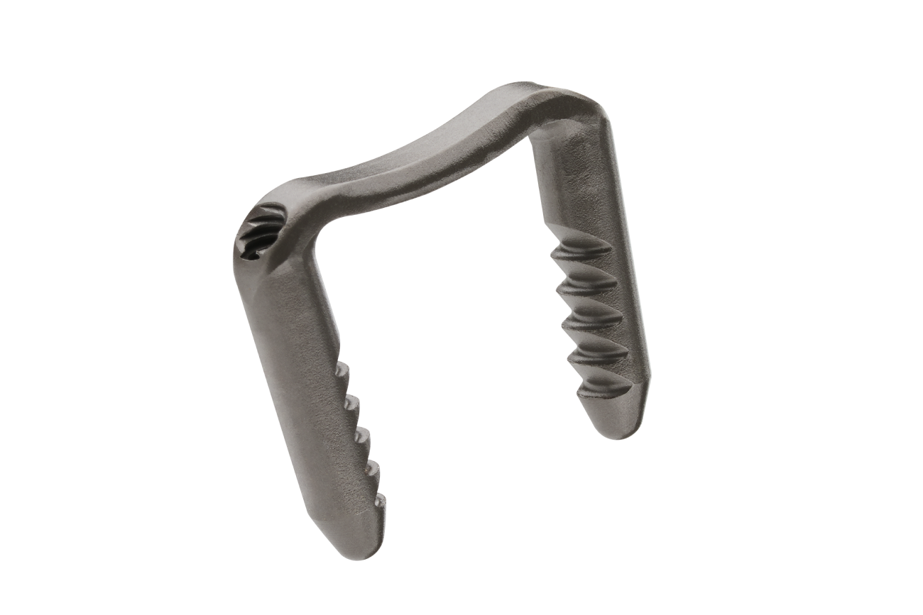 Gray metal tool with a curved handle and serrated grip, designed for gripping or clamping onto objects, isolated on white background.