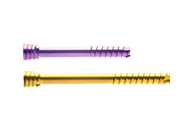 Two colorful medical screws, one purple and one yellow, against a white background.
