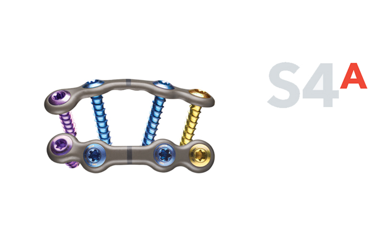 surgical plate with colorful screws beside a partial S4A logo on a white background