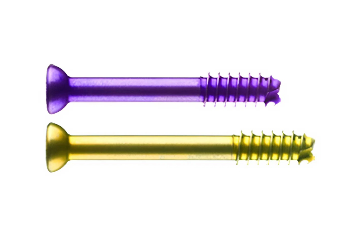 Two colorful screws, one purple and one yellow, with detailed ridges, displayed horizontally on a white background.