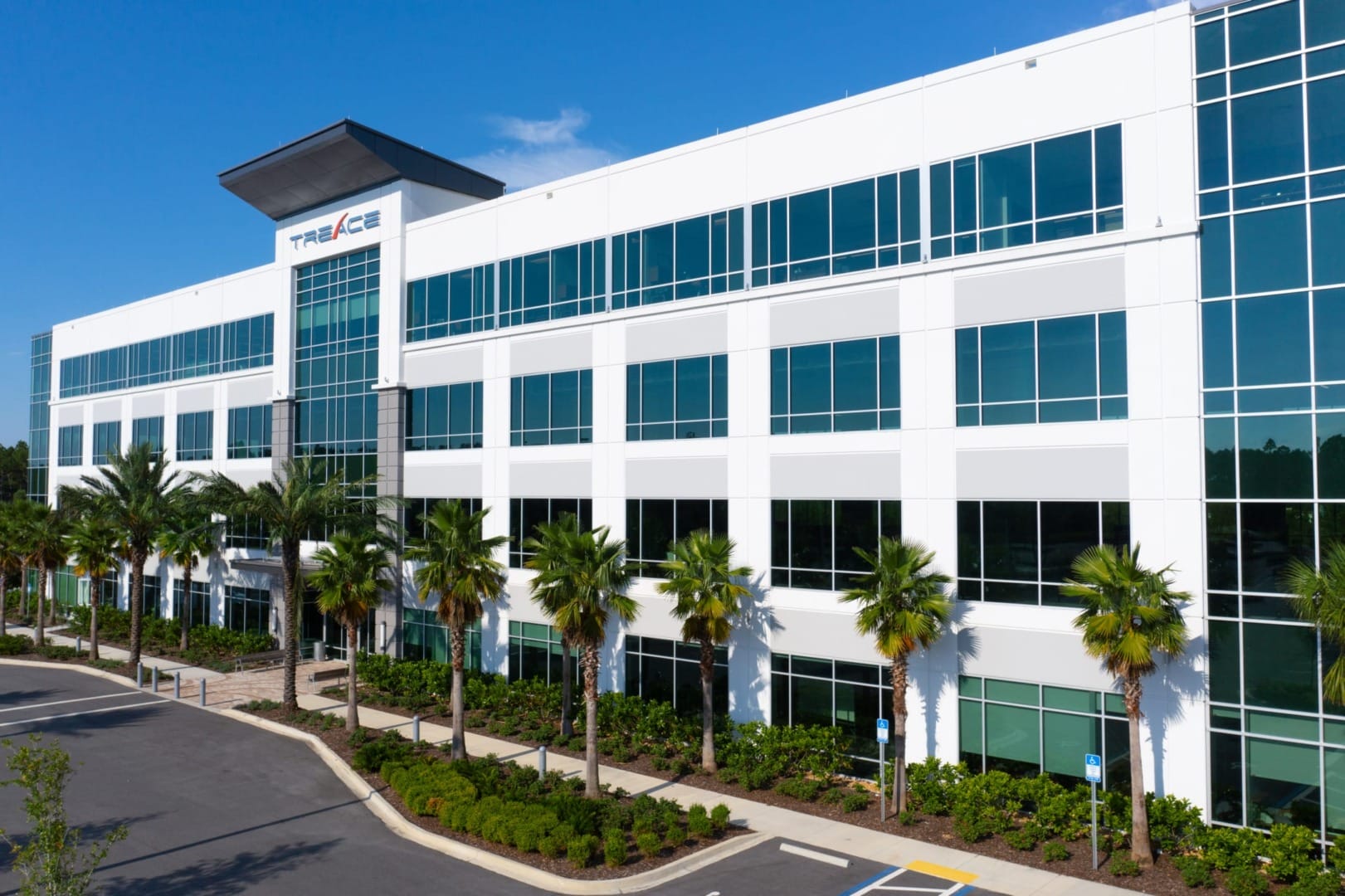 Modern office building with large windows, palm trees, and blue sky.