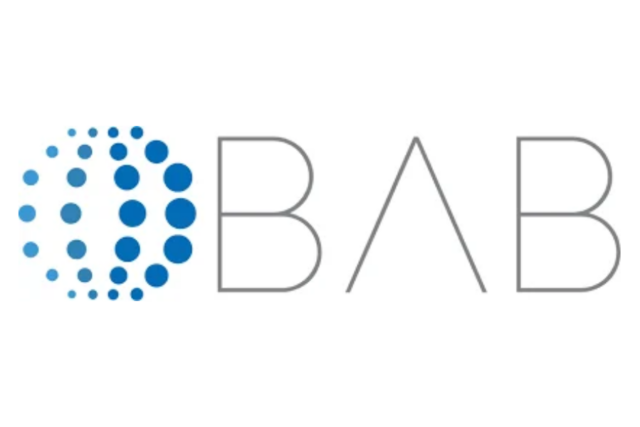 Circular dotted logo with gradient blue dots forming the letter B followed by letters A and B in gray text.