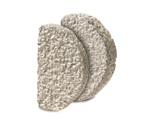 Two gray textured half-moon shapes standing upright against a white background.