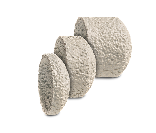 Three textured, round ceramic vases of varying sizes arranged in a line against a plain white background.