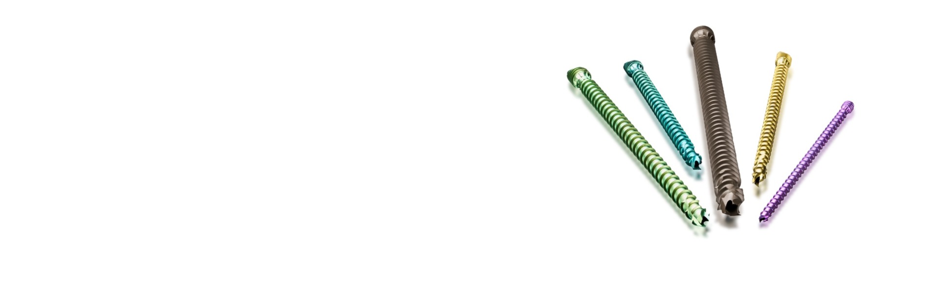 Colorful orthopedic screws of varying sizes and materials arranged on a white background.