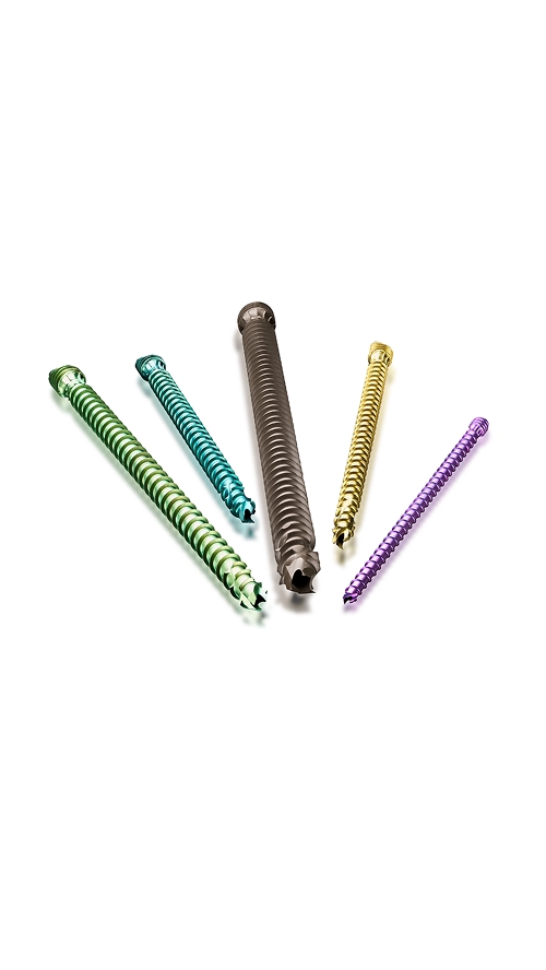Assorted colorful orthopedic screws arranged on a white background, showcasing different sizes and types.