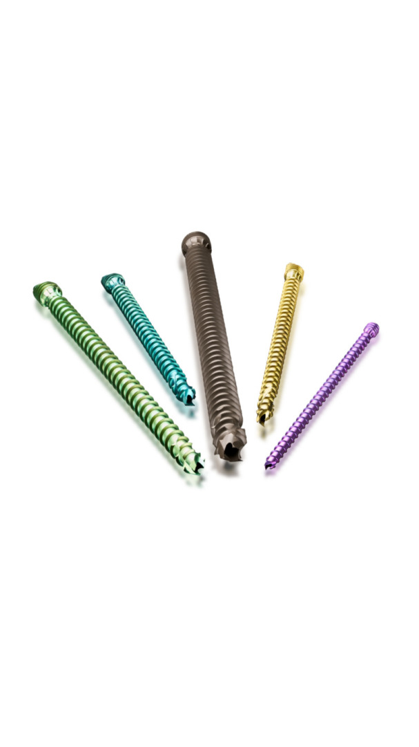 Colorful orthopedic screws arranged on a white background.