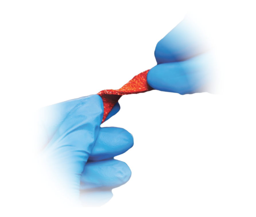 Gloved hands twisting a shiny, red twist-tie, focused in the center against a white background.