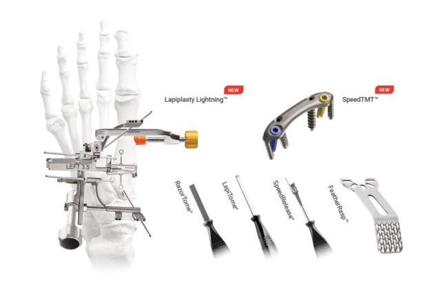 Surgical tools for Lapiplasty procedure with hand skeletal model, showing instruments and implants.