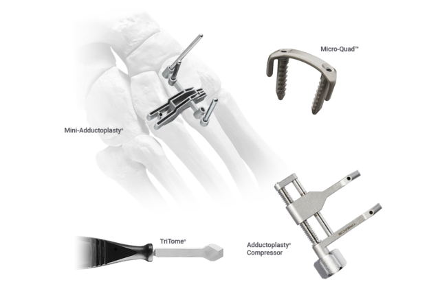 Illustration of surgical tools and implants for foot procedures, including Mini-Adductoplasty, Micro-Quad, and Adductoplasty Compressor.
