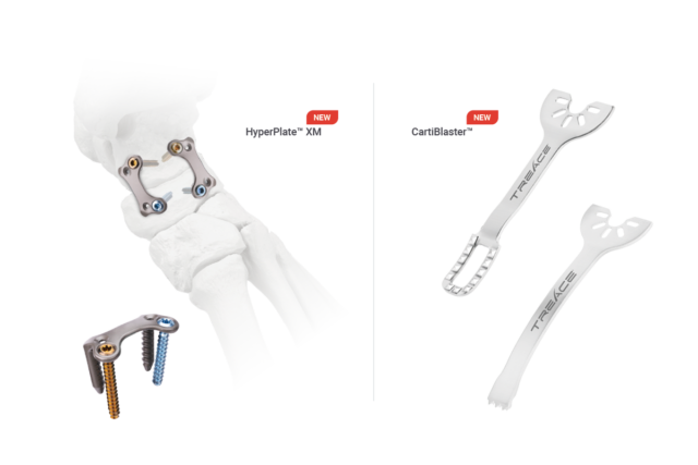 Surgical tools including the HyperPlate XM and CartiBlaster with screws and joint fixation components.