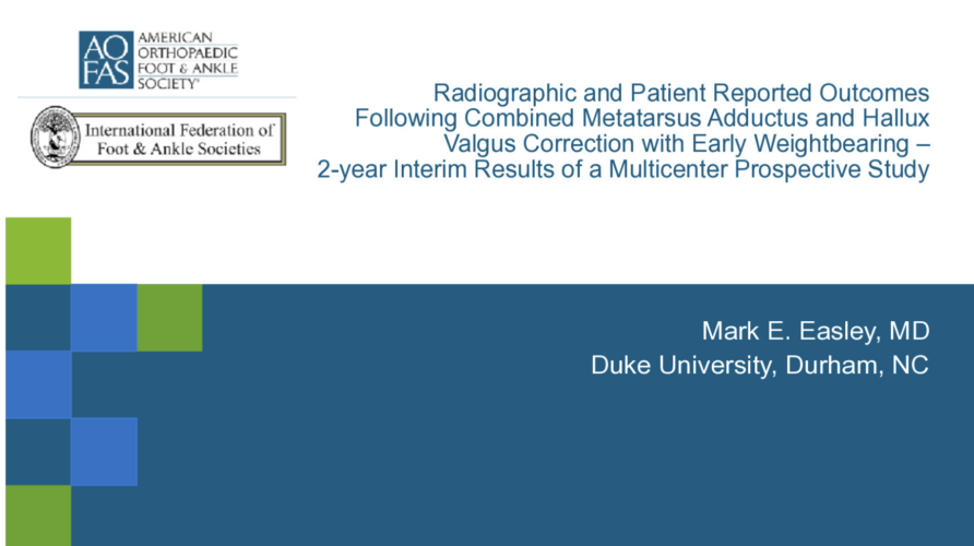 Presentation slide on radiographic outcomes in foot surgery by Mark E. Easley from Duke University at AOFS conference.
