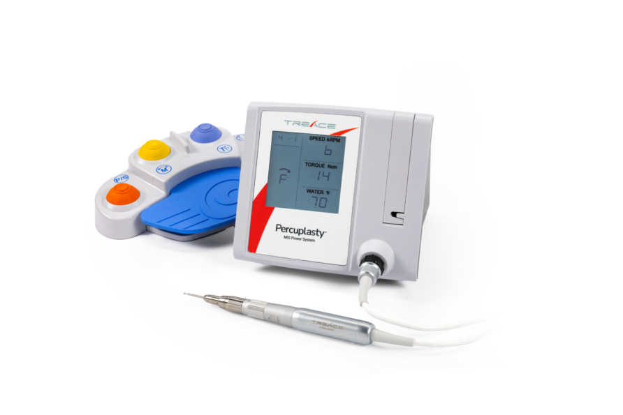 Medical device for precision surgery with digital display, handheld tool, and control panel on a white background.
