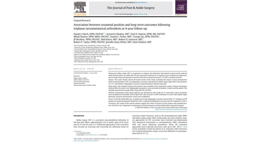 Journal article on sesamoid position and outcomes in triplanar tarsometatarsal arthrodesis, published in The Journal of Foot & Ankle Surgery.