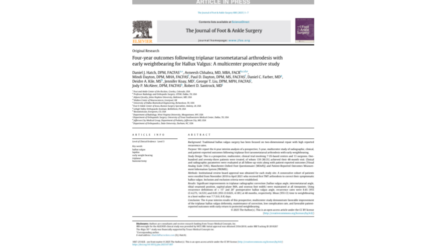 Journal article about triplanar tarsometatarsal arthrodesis outcomes with early weightbearing for hallux valgus study.
